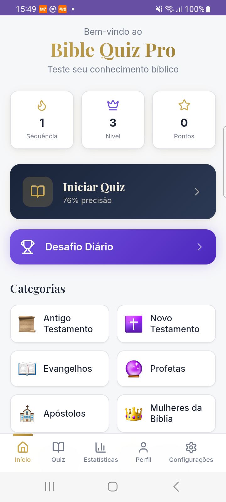 Tela inicial do Bible Quiz Pro