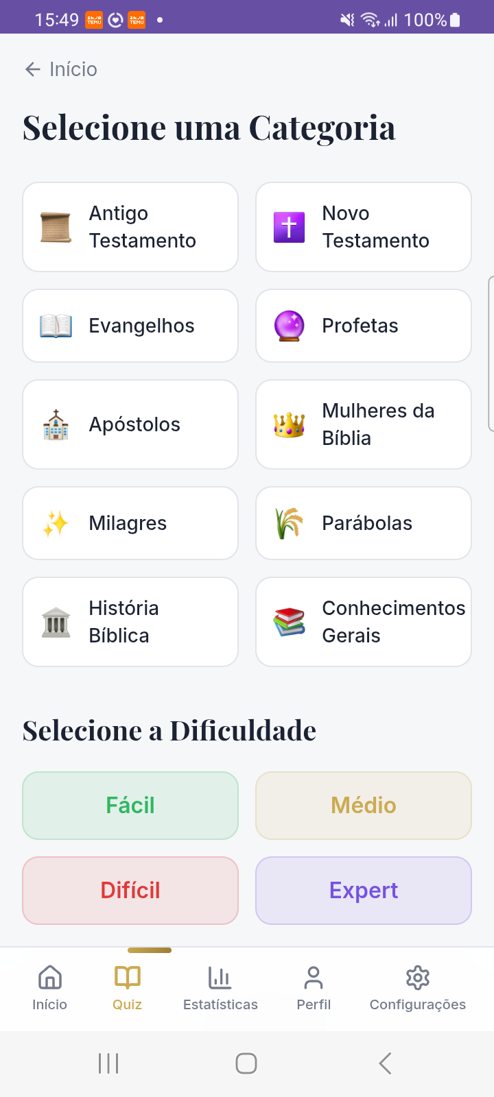 Seleção de categoria e dificuldade